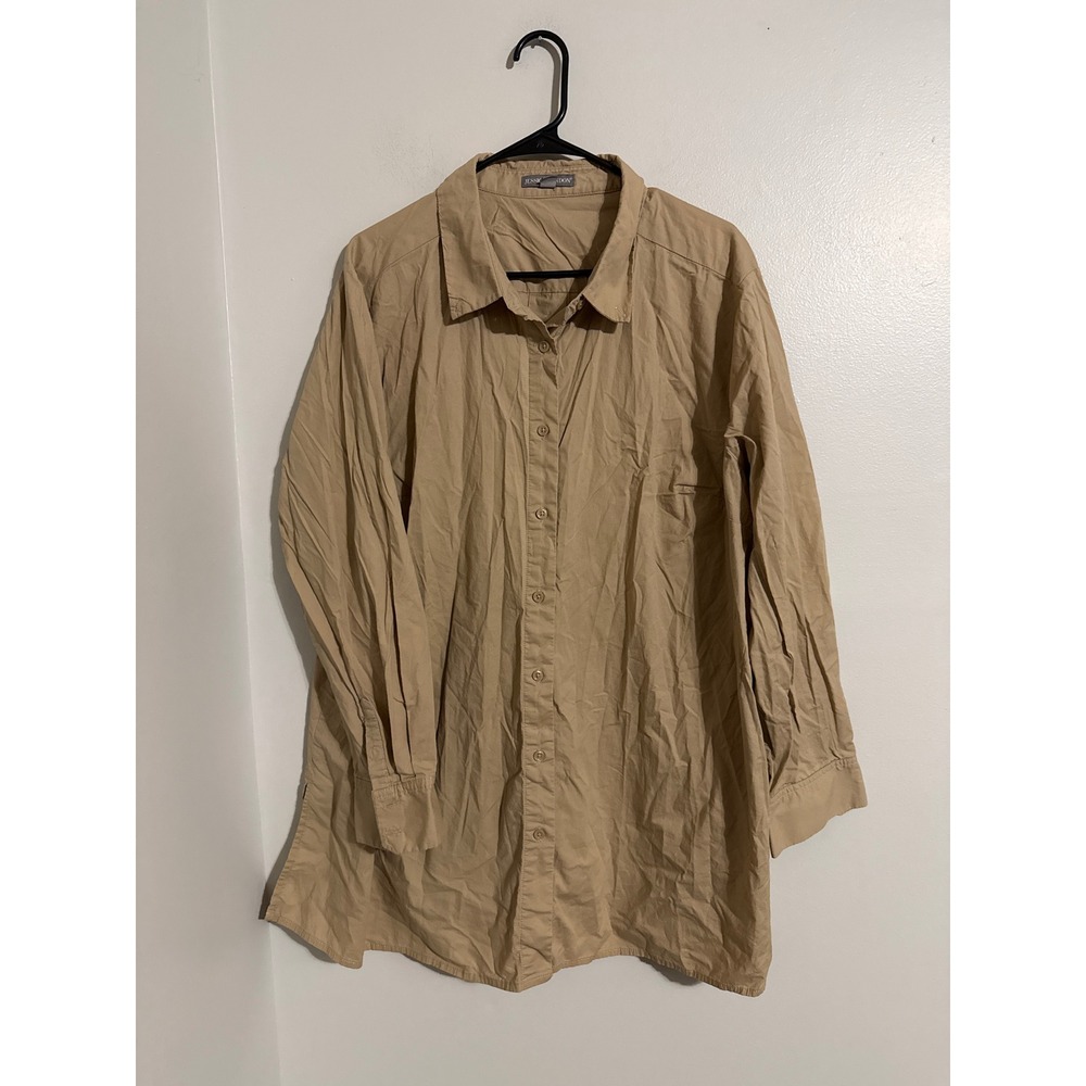 Jessica London Women 26W Tan Khaki Cotton Stretch Long Sleeve Button Down Tunic